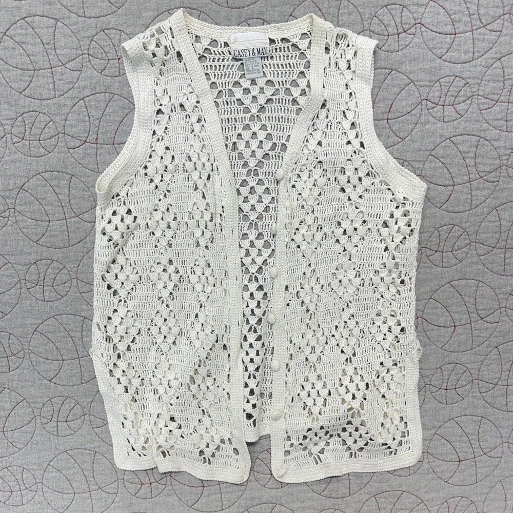 Casey & Max Vest Cream Crochet Open Knit Button Front / Women's Small